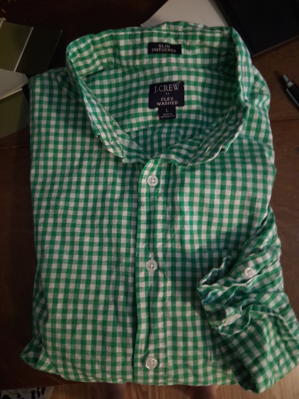 J. Crew Green and White Gingham Slim Untucked Button-Down Shirt Sz L